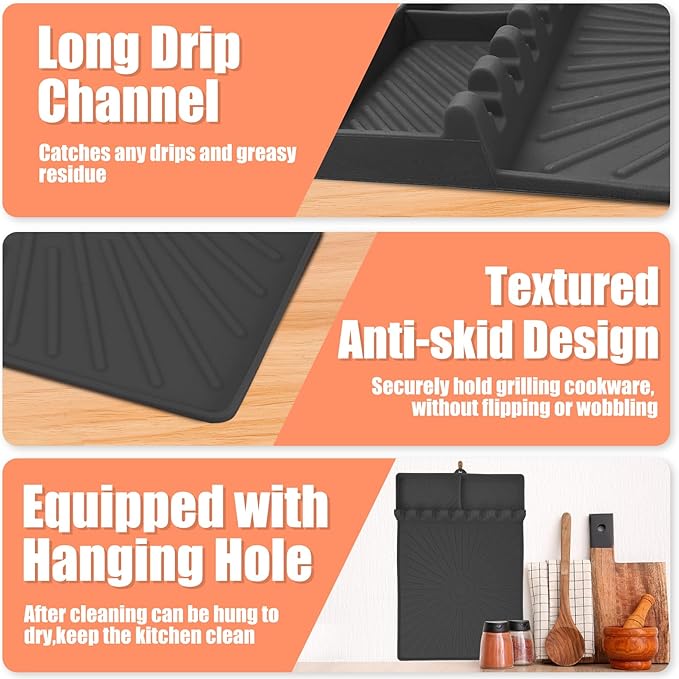 Koolstuffs Silicone Grill Mat, Large Size Silicone Side Shelf Griddle Tools Spatula Mat with Drip Pad for Outdoor Grill Kitchen Countertop, Reusable Black-Stone Griddle Accessories, Gray