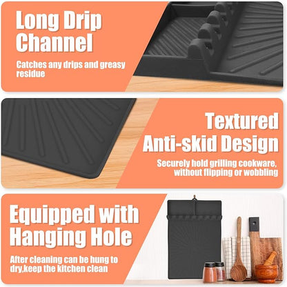 Koolstuffs Silicone Grill Mat, Large Size Silicone Side Shelf Griddle Tools Spatula Mat with Drip Pad for Outdoor Grill Kitchen Countertop, Reusable Black-Stone Griddle Accessories, Gray