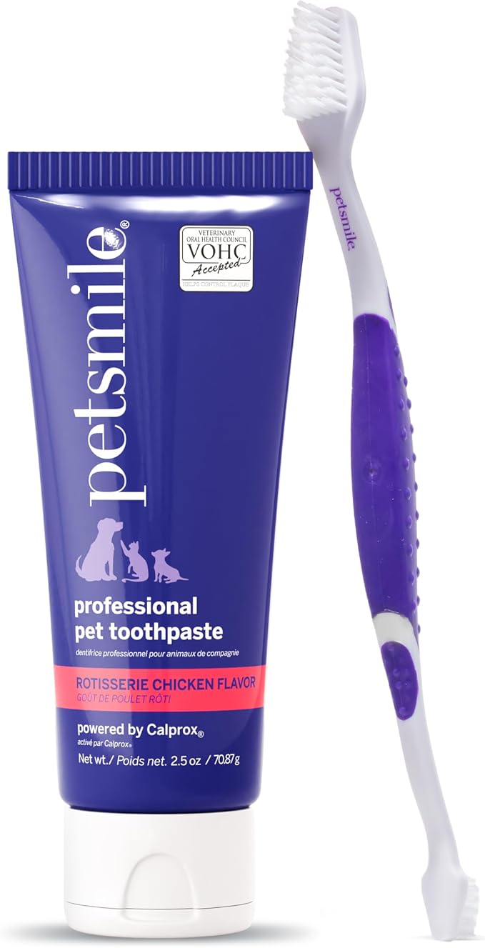 Petsmile Cat + Dog Dental Care Kit, Rotisserie Chicken 2.5 Oz | Toothpaste + 45° Patented Brush, VOHC Accepted, Calprox® Powered, Fights Plaque + Tartar, Remineralizes Teeth, 4-Month Supply