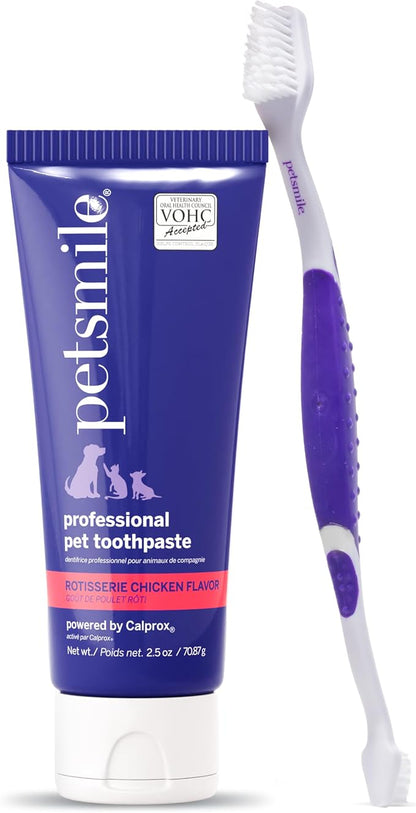 Petsmile Cat + Dog Dental Care Kit, Rotisserie Chicken 2.5 Oz | Toothpaste + 45° Patented Brush, VOHC Accepted, Calprox® Powered, Fights Plaque + Tartar, Remineralizes Teeth, 4-Month Supply