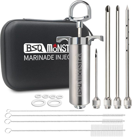 BSQ MONSTER Meat Injector Syringe Kit with 4 Professional Marinade Injector Needles and Travel Case for BBQ Grill Smoker, Turkey, Brisket; 2-oz Capacity; Paper User Manual and E-Book (PDF)