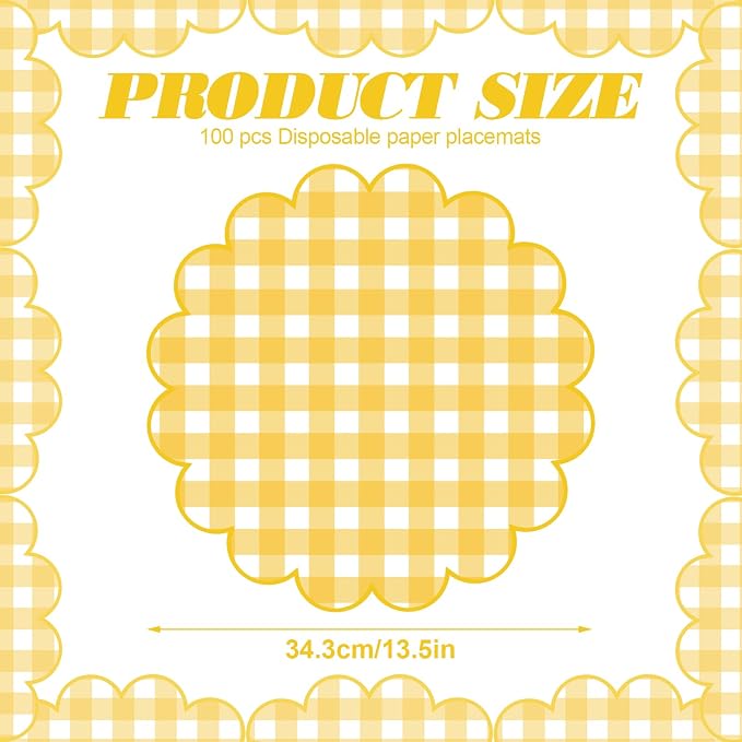 100Pcs Checkered Paper Placemats Yellow Gingham Place Mats 13.5 Inch Disposable Round Decorative Dining Table Mat with Scalloped Edge Paper Cutouts Decor for Wedding Baby Shower Table Party Supplies