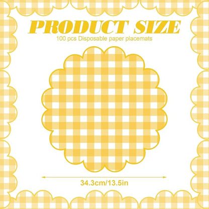 100Pcs Checkered Paper Placemats Yellow Gingham Place Mats 13.5 Inch Disposable Round Decorative Dining Table Mat with Scalloped Edge Paper Cutouts Decor for Wedding Baby Shower Table Party Supplies