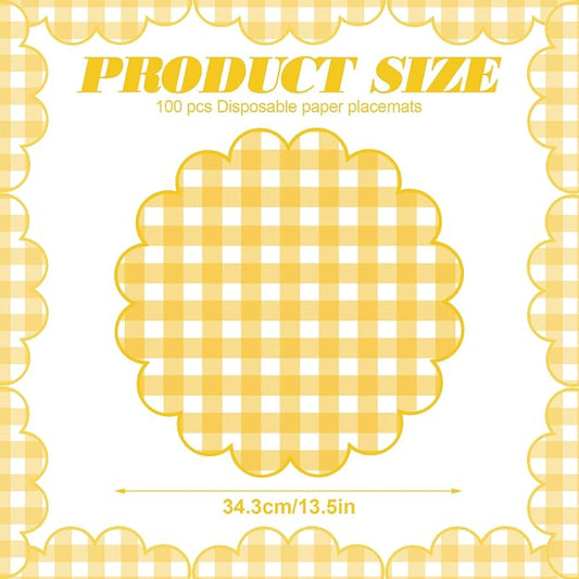 100Pcs Checkered Paper Placemats Yellow Gingham Place Mats 13.5 Inch Disposable Round Decorative Dining Table Mat with Scalloped Edge Paper Cutouts Decor for Wedding Baby Shower Table Party Supplies