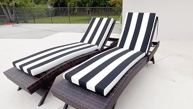 Crestlive Outdoor Chaise Lounge Cushions, 3 Years Fade Resistant Water Resistant Lounge Chair Cushion, 80''L x 23''W, Set of 2, Black Cabana Stripe