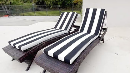 Crestlive Outdoor Chaise Lounge Cushions, 3 Years Fade Resistant Water Resistant Lounge Chair Cushion, 72''L x 21''W, Set of 2, Black Cabana Stripe