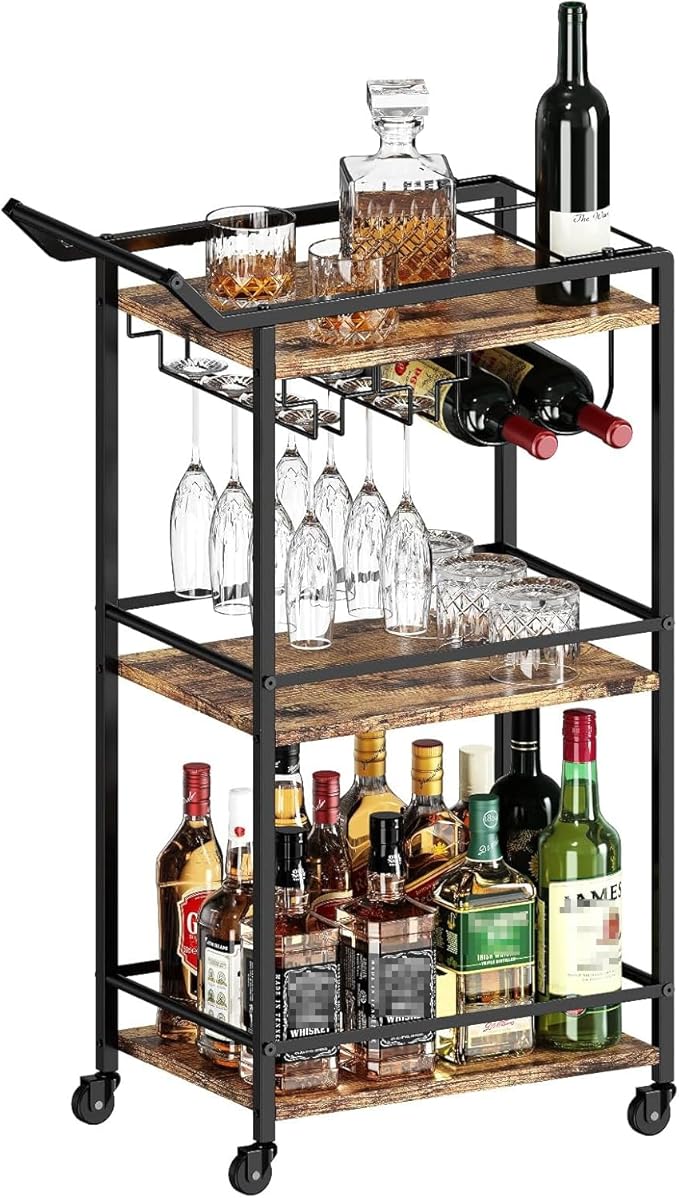 LOTEYIKE 3 Tier Bar Cart, Mini Liquor Utility Cart for Wine Beverage Dinner Party, Rolling Wine Coffee Drink Serving Cart with Lockable Wheels for Home Kitchen Bars (Rustic Brown) | Rolling Wine Coffee Drink Serving Cart with Lockable Wheels for Home K...