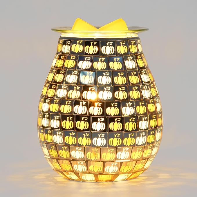 Dicimi Pumpkin Wax Melt Warmer, Handmade Mosaic Glass Wax Warmer with Flameless Night Light, Fast Heating Fall Harvest Decor, Cozy Home Ambiance