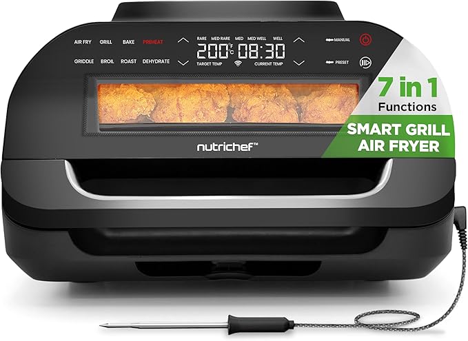 NutriChef Indoor Smokeless Grill - Smart Grill & Air Fryer with 7 Cooking Functions - 6L Capacity - Includes Smart Thermometer - Precise Temperature Control - Non-Stick Removable Grill Plates