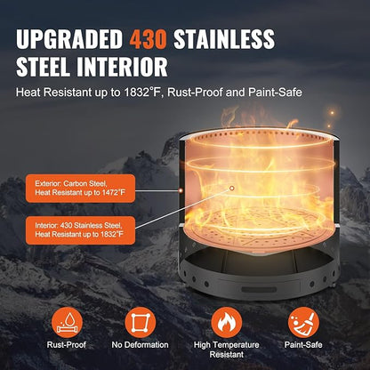 VEVOR Smokeless Fire Pit Stove Bonfire, H: 12.6 in x Dia: 15 in,Wood Burning Fireplaces with Removable Ash Pan, SUS430 Stainless Steel Inner Portable Outdoor Firepit, Ideal for Outdoor Patio Camping