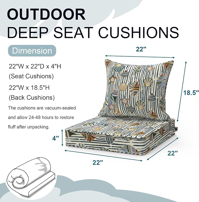 DYTXIII Outdoor Deep Seat Cushion Set, Water Repellent 22"x22" Patio Thick Cushions Replacement with Seat & Back Pillow for Patio Sofa, Wicker Chair, Couch - Crayon Shells