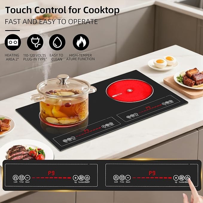 2 Burner Electric Cooktop,110V 2500W Electric Stove Top with Touch Control,9 Heating Level,Timer & Kid Safety 2 burner cooktop.