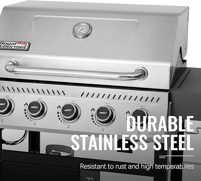 Royal Gourmet GA5406TS 5 Burner Propane Gas Grill with Side Burner and Sear Burner, Cart Style Gas BBQ Grill with Porcelain-Enameled Cast Iron Grates for Backyard Cooking, Silver & Black
