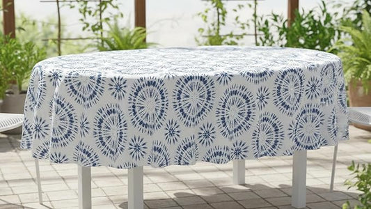 Newbridge Blue Tie Dye Vinyl Tablecloth, 60 x 84 Inch Oval – Flannel Backed Blue and White Table Cover for Dining, Picnics, BBQs, and Parties