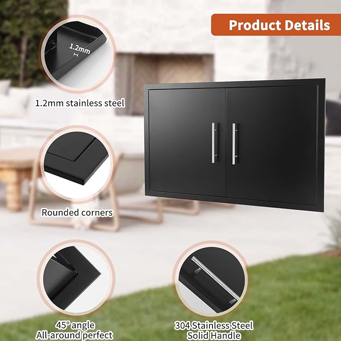 JIE JIN Outdoor Kitchen Doors 30" W X 21" H Double Doors 1.2mm Thickness Stainless Steel BBQ Access Door BBQ Island Doors Outdoor Kitchen Accessories Door for Outdoor Kitchen BBQ Island (Black)