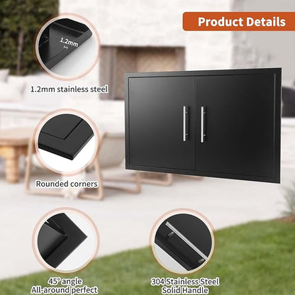 JIE JIN Outdoor Kitchen Doors 30" W X 21" H Double Doors 1.2mm Thickness Stainless Steel BBQ Access Door BBQ Island Doors Outdoor Kitchen Accessories Door for Outdoor Kitchen BBQ Island (Black)