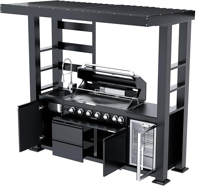 94-Inch 6-Burner 85000 BTU Propane Gas Grill Island with Shed, 304 Stainless Steel Black, Outdoor Kitchen with Wine Cooler, Rotisserie, Granite Countertops & Storage, For Backyard BBQ, Black