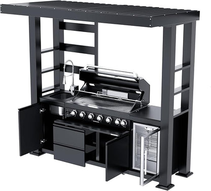 94-Inch 6-Burner 85000 BTU Propane Gas Grill Island with Shed, 304 Stainless Steel Black, Outdoor Kitchen with Wine Cooler, Rotisserie, Granite Countertops & Storage, For Backyard BBQ, Black
