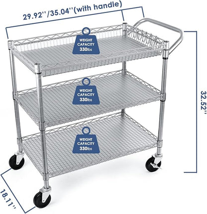 Heavy Duty 3 Tier Utility Cart,Wire Rolling Carts with Wheels, Commercial Grade Service Cart with Shelving Liners and Handle Bar Metal Carts for Kitchen Office Hardware