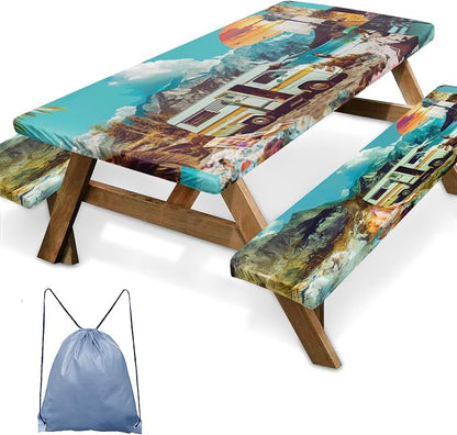 Picnic Table Cover with Bench Covers, Travel, 3 Piece, 72 Inch | With Bench Covers Full Elastic Edge Tablecloth Waterproof Wipeable RV Outdoor Patio Park Essentials With Drawstring Bag