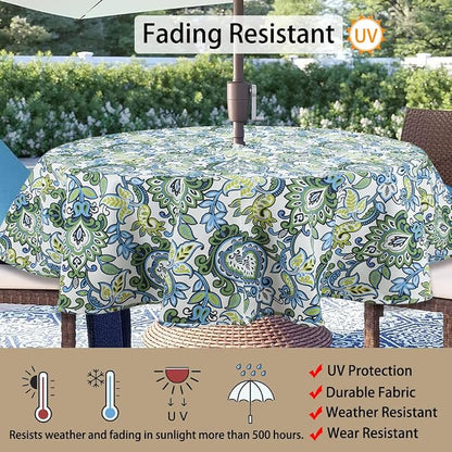 60" Round Tablecloth with Umbrella Hole and Zipper, Washable Waterproof Wrinkle Free Zippered Patio Table Cloths Table Covers for Spring, Summer, Party, Backyard, Picnic, BBQS (Botanical Blue Green)