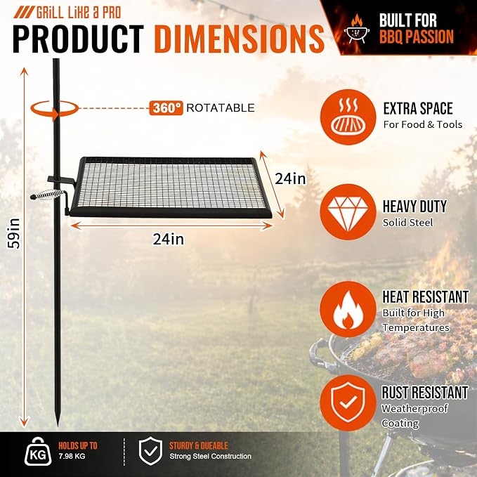 24" x 24" Fire Pit Campfire Grill Grate Campfire Grill Portable Open Fire Cooking Heavy-duty Foldable Camping Cooking Barbecue Rack Easy Setup & Adjustable Height for Outdoor BBQ