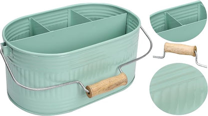 Alpha Living Home Farmhouse Utensil Caddy Carry-All Serveware-Galvanized Metal Organizer for Kitchen Counter-Comfort Wooden Handle In/Outdoor Storage For Flatware,Condiments,Party Cutlery,Arts-TEAL