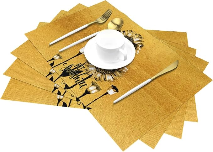 Sunflower Placemats Set of 4, Summer Table Mats for Dining Table | Heat Resistant Washable Linen Gold Place Mats for Kitchen Party Home Farmhouse Decor 12x18 Inch