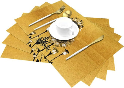 Sunflower Placemats Set of 4, Summer Table Mats for Dining Table | Heat Resistant Washable Linen Gold Place Mats for Kitchen Party Home Farmhouse Decor 12x18 Inch