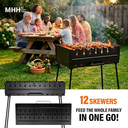 Charcoal Grill for 12 Skewers - Portable BBQ Mangal - Foldable Metal Grill for Shashlik, Kebab, Picnic, Outdoor Cooking (Skewers Not Included)