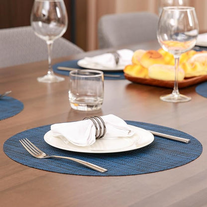 15 Inch Round Placemats Set of 8, Washable Vinyl Woven Place Mats | Heat Resistant Non-Slip Braided Table Mats for Dining Table Kitchen Indoor & Outdoor Use (Dark Blue, Set of 8)