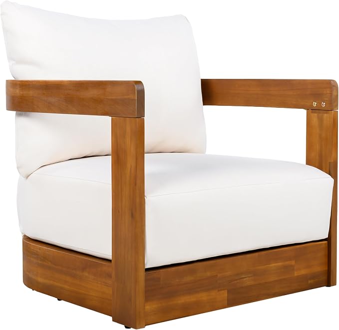 Christopher Knight Home Sylas Acacia Wood Lounge Chair Outdoor, Curved Tub Design Accent Chair with Weather Resistant Cushion, Comfy Low Profile Reading Seating for Garden/Backyard, Teak+ Beige