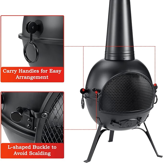 SINGLYFIRE Prairie Fire Outdoor Chiminea Fireplace Deck or Patio Backyard Wooden Fire Pit with Chiminea Cover Rust-Free Iron Black