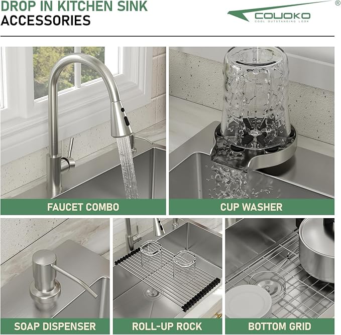 30x22 Drop In Kitchen Sink with Faucet Combo16 Gauge Stainless Steel Single Bowl Kitchen Sink Large Deep Round Corner Handmade Topmount Overmount Basin Kitchen Sinks