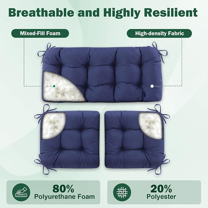 Outdoor Wicker Chair Cushions, 44×19×4 in, Waterproof, Navy Blue | Waterproof Wicker Furniture Cushions, Fade Resistant, 3 Piece Patio Furniture Cushions Set for Bench, Loveseat, Swing, Settee