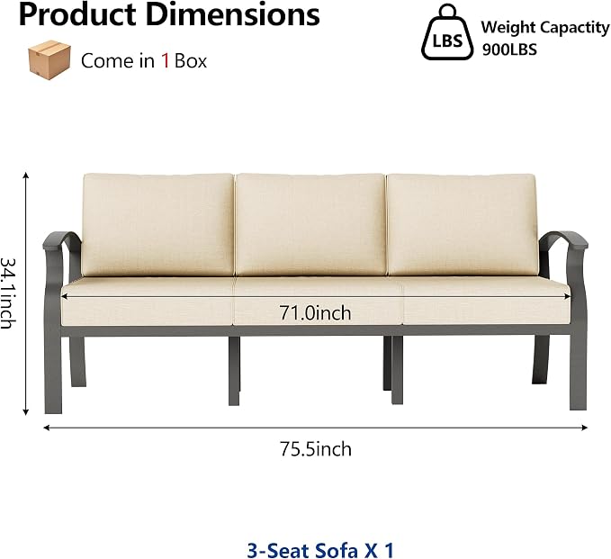 ALAULM Aluminum 3-Seat Patio Furniture Set, Metal Outdoor Furniture Sectional Sofas w/5.1" Cushions for Patio, Backyard, Poolside-Sand