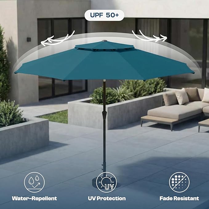 Patio Umbrella, 2 Tier Outdoor Table Umbrella, Large Vented Market Umbrellas with Push Button Tilt and Crank, 8 Sturdy Ribs for Backyard, Deck, Pool, UPF50+ UV Protection
