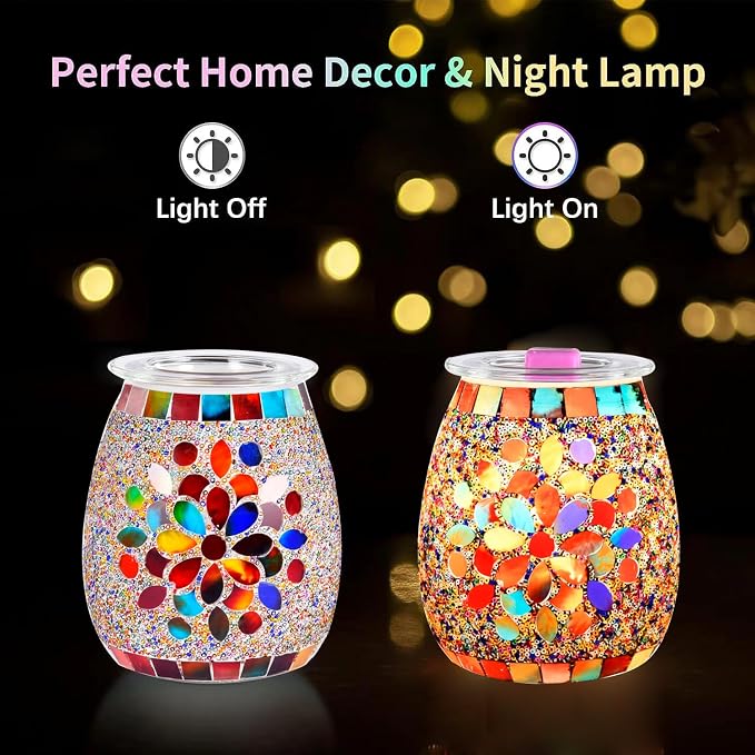 Dicimi Mosaic Glass Wax Warmer, Electric Oil Burner with Flameless Night Light, Scentsy Wax Melt Warmer for Scented Wax, Unique Candle Warmer Lamp for Home Office Bedroom Decor, Ideal Gift