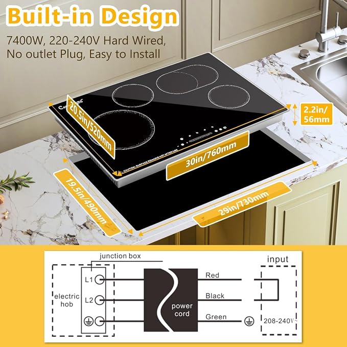 30 Inch Electric Cooktop, 4 Burner Built-In Radiant Ceramic Stove Top | 30 inch built-in radiant ceramic cooktop, 4 burners, 220-240V hardwired, touch control, flat-bottom cookware.