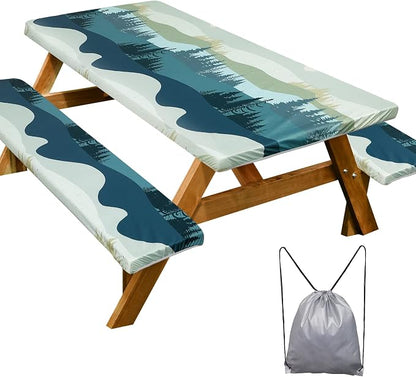 Picnic Table Cover Bench Covers Camping Essentials Tablecloth | Waterproof Vinyl for Outdoor, Windproof Elastic Fitted Edges, RV BBQ Accessories Must Haves, Storage Bag Included