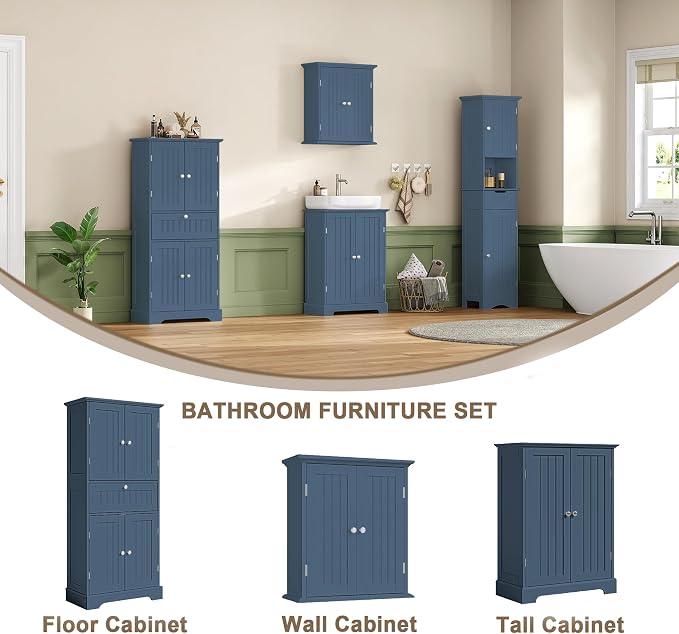 ChooChoo 51" H Bathroom Floor Cabinet with Drawers and Adjustable Shelves | Bathroom Storage Cabinet, Freestanding Kitchen Pantry Cupboard with 4 Doors for Living Room, Blue