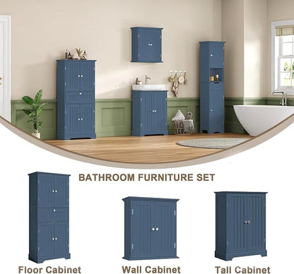 ChooChoo 51" H Bathroom Floor Cabinet with Drawers and Adjustable Shelves | Bathroom Storage Cabinet, Freestanding Kitchen Pantry Cupboard with 4 Doors for Living Room, Blue