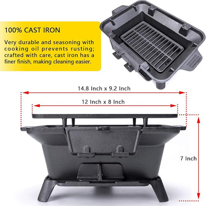 Hibachi Grill Outdoor, Portable Small Charcoal Grills, 100% Cast Iron, Mini Japanese Yakitori Tabletop Skillet Grill Stove for Outdoor Camping - Coal Door, Draft Door, Ideal for 2 People