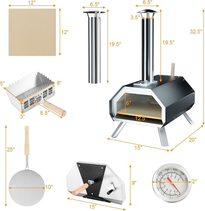 PETSITE Pizza Oven Outdoor, Wood Pellet Fired Pizza Oven with 12 Inches Pizza Stone & Thermometer, Portable Stainless Steel Grill Pizza Maker for Outside Backyard Party