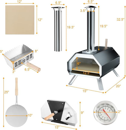 PETSITE Pizza Oven Outdoor, Wood Pellet Fired Pizza Oven with 12 Inches Pizza Stone & Thermometer, Portable Stainless Steel Grill Pizza Maker for Outside Backyard Party