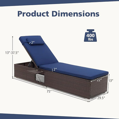 Tangkula Patio Chaise Lounge, Outdoor Rattan Lounge Chair w/ 6-Level Backrest, Comfy Seat Cushion & Headrest, Sturdy Metal Frame, Outside Reclining Chair for Backyard, Poolside (1, Navy)