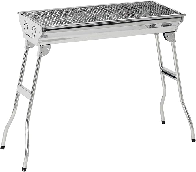 Portable Charcoal Grill, Stainless Steel Folding Outdoor BBQ Grill for Backyard Cooking, Camping, Picnic, Party, Tailgating and Travel with Pan, Grill Rack, Shelves, Hooks