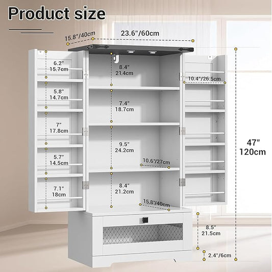 kepptory Farmhouse Pantry Cabinet with Barn Door & Adjustable Shelves, Freestanding Kitchen Storage Cabinet for Dining Room, Bathroom, Hallway (White)