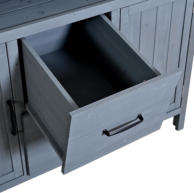 Merax 45.3" Large Outdoor Fir Wood Potting Bench with Storage, Multi-Functional Patio Kitchen Island with 6-Shelf Hutch+2 Cabinets+2 Drawers+3 Hooks, Garden Workstation for Planting, Gardening, Gray