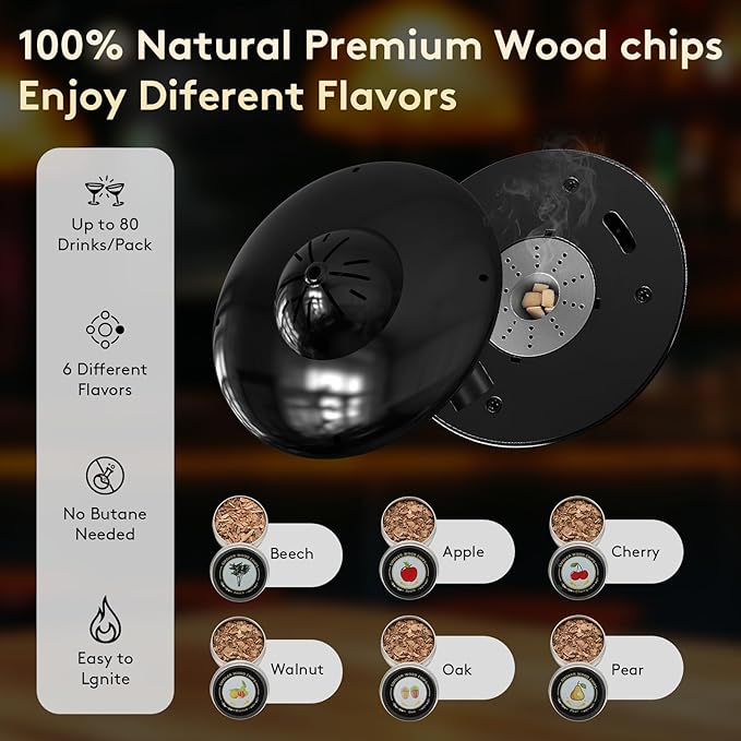 Electric Whiskey Smoker Kit, Cocktail Smoker Kit Built-in Lighter with 6 Wood Chips, No Butane Needed Whisky Smoker Kit, Rechargeable Drink Smoker kit, Birthday Gift for Men, Dad, Husband, Boyfriend